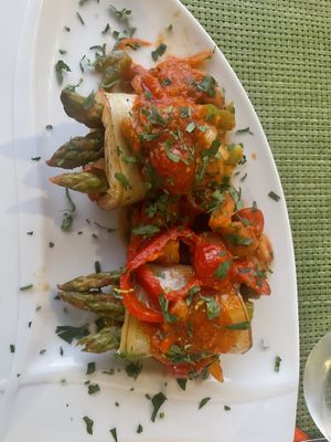 Starter Asparagus wrapped in white Eggplant. Delicious 🙌  at Sea Vibe in Santorini