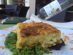 Freshly baked broccoli and mushroom pie, topped with homemade potato bashamel. at Sea Vibe in Santorini