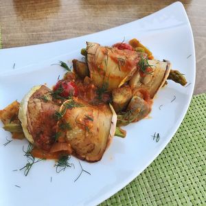 Asparagus wrapped in Greek white eggplant  at Sea Vibe in Santorini