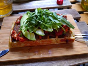 Vegan bacon sundried tomato avocado waffel at The Sister in Brussels