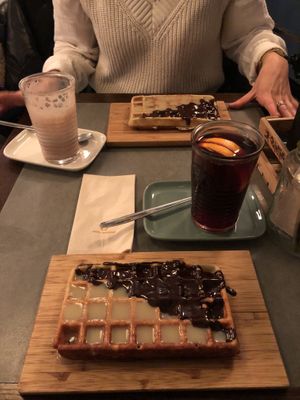 Hot chocolate, mulled wine and waffles (dark and white chocolate topping)   at The Sister in Brussels