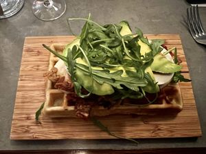 Savory vegan waffle with vegan hard boiled eggs   at The Sister in Brussels