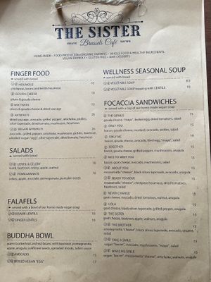 Menu.  Vegan options are clearly marked.  at The Sister in Brussels