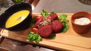 Beet falafel dewrap and soup. at The Sister in Brussels