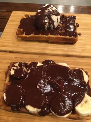 Banana chocolate (bottom) and ice cream chocolate (top) waffles.  at The Sister in Brussels