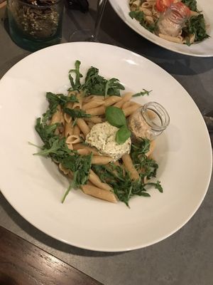 Vegan pasta pesto with vegan ‘cheese’ in the little jar at The Sister in Brussels
