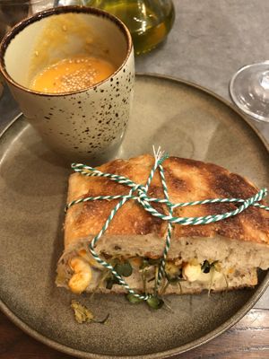 Focaccia with smokey vegan cheese and vegetable soup  at The Sister in Brussels