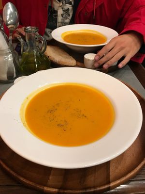 soup which came w vegan creme fraiche, seeds and bread at The Sister in Brussels