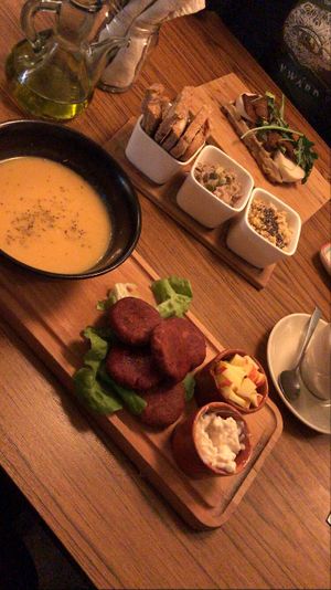 Beet Falafel with soup || Hummus || Salty Waffle - Seitan Baicon, avocado and mozzarela vegan cheese at The Sister in Brussels