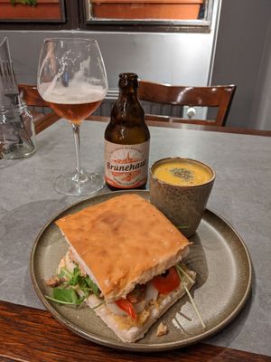 Brunshaus gluten free beer (highly recommend!), "Ready to Move" Focaccia sandwich (gluten free and vegan), with soup of the day at The Sister in Brussels