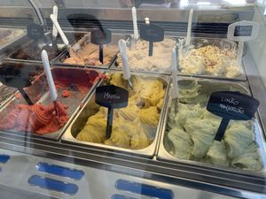 Vegan choices marked with black signs   at Gelateria Alice in Sagres