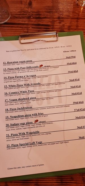 Menu at Pizza Loft in Krakow