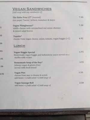 Vegan sandwiches and lunch menu at Rose & Grant's in Glasgow