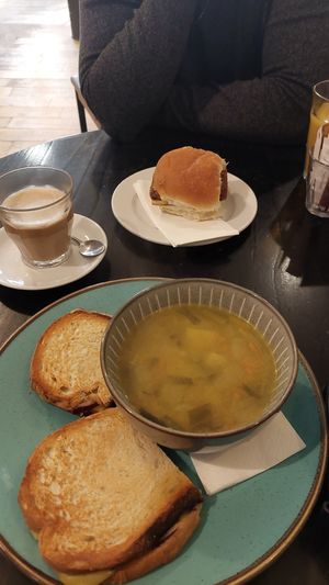Top: breakfast roll vegan sq sausage & tattie scone, bottom: tattie and leek soup & vegan cheese and onion toastie at Rose & Grant's in Glasgow