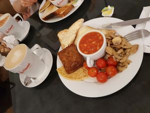 6 piece breakfast(square sausage) and a large oat flat white at Rose & Grant's in Glasgow