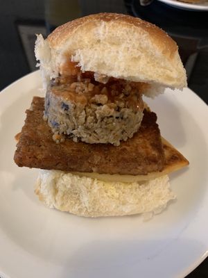 Morton’s roll with potato scone, Vegan Lorne sausage and Vegan haggis  at Rose & Grant's in Glasgow