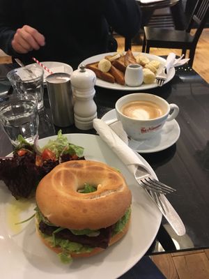 Ultimate vegan bagel, oat milk flat white and vegan french toast in the background 🤤 at Rose & Grant's in Glasgow