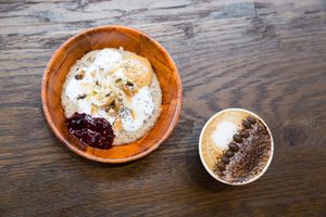 B6 - Chia porridge bowl and Organic fair trade coffee - regular cappuccino  at Gre3n Superfood & Juice Bar - Sydenham in Christchurch