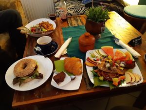 Scrambled "egg", bagel, croissant, and pancakes at Marae - Kaffee & Zauberei in Luebeck