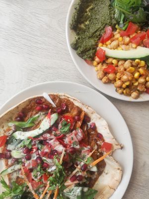 Lahmacun (bottom left) & chickpea chatt (top right) at The Old Electric Shop in Hay-on-wye