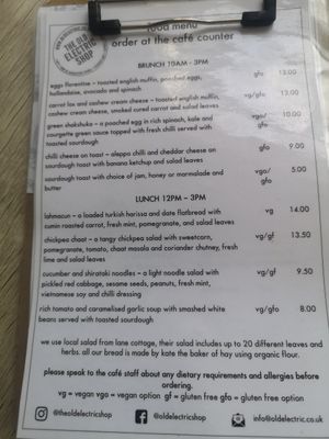 Food menu at The Old Electric Shop in Hay-on-wye