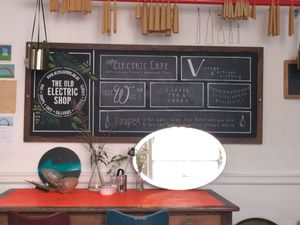 interior sign at The Old Electric Shop in Hay-on-wye
