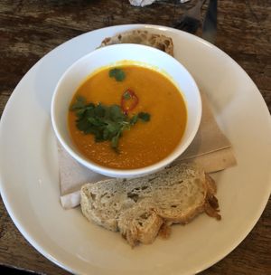 carrot and sesame soup, delicious! at The Old Electric Shop in Hay-on-wye