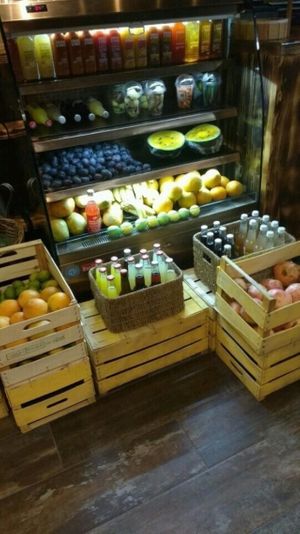 The vegetable & fruit fridge from which they make smoothies. at We Farm in Amman