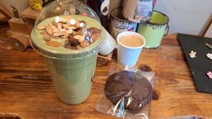 Avocado nuts, choco cookie and expresso at We Farm in Amman