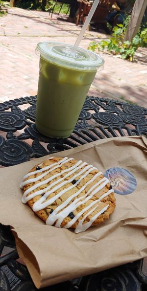 Lemon Blueberry Cookie and Iced Matcha Latte w/ almond milk at Agora Downtown Coffee Shop in Fredericksburg