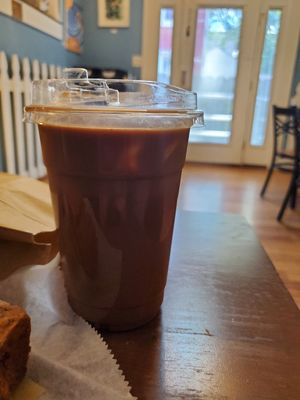 Iced chili pepper mocha with almond milk at Agora Downtown Coffee Shop in Fredericksburg