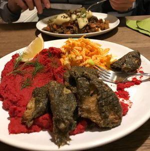 celery ";fish"; with beetroot and carrot   at veganka in Katowice