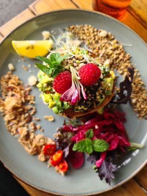 Avoid smash with feta, breaded onions,  lemon, mint, chilli, coriander.. at Particle Cafe in Avondale Heights