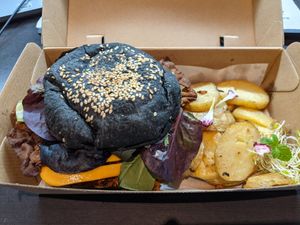 Burger, delivered at Particle Cafe in Avondale Heights