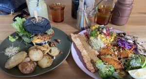 Veggie patch and jackblack burger at Particle Cafe in Avondale Heights