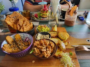 Breakfast Board (foreground), Smashed Avo (background) Cherry Ripe Smoothie at Particle Cafe in Avondale Heights