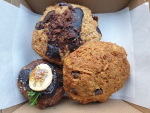 Notella oat cookie, Mini Banana Muffin, Choc Chip Cookie at Particle Cafe in Avondale Heights