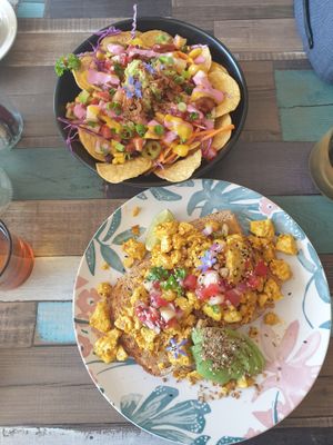 Nacho nacho man, and Tofu Scramble at Particle Cafe in Avondale Heights