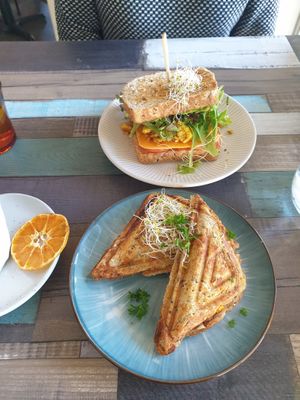 Classic breakie sandwich, Mushroom corn jaffle at Particle Cafe in Avondale Heights