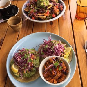 nachos and tortillas with coconut bacon at Particle Cafe in Avondale Heights