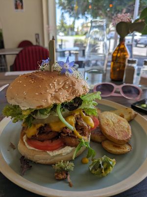 Edible flowers too and delish spud slices at Particle Cafe in Avondale Heights
