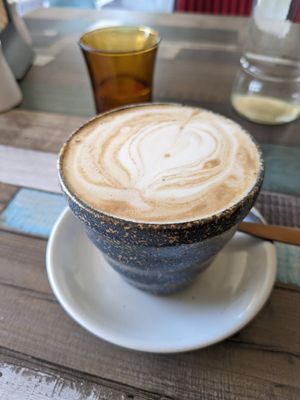 Soy latte - love these mugs! at Particle Cafe in Avondale Heights