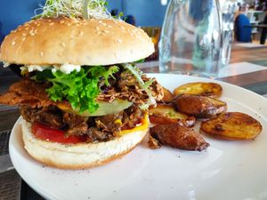 VIP Burger with potato chips at Particle Cafe in Avondale Heights