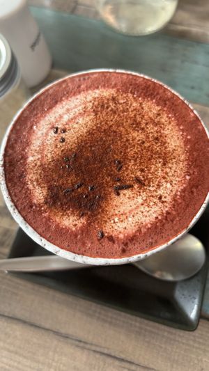 Red velvet latte with macadamia milk. I love the milk choices here.  at Particle Cafe in Avondale Heights