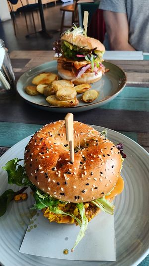 Classic Breakie Bagel & Mock Me Burger at Particle Cafe in Avondale Heights