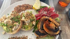 Avo smash with mushrooms   at Particle Cafe in Avondale Heights