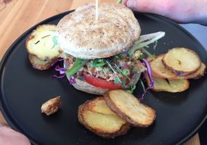 Jackfruit burger  at Particle Cafe in Avondale Heights