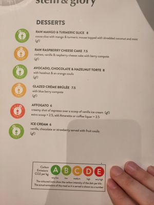 Dessert menu (traffic light carbon emissions) at Stem & Glory in Cambridge