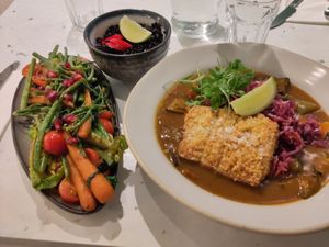 Katsu curry with kimchi rice and seasonal veg at Stem & Glory in Cambridge