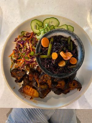 black rice and spicy miso aubergine at Stem & Glory in Cambridge